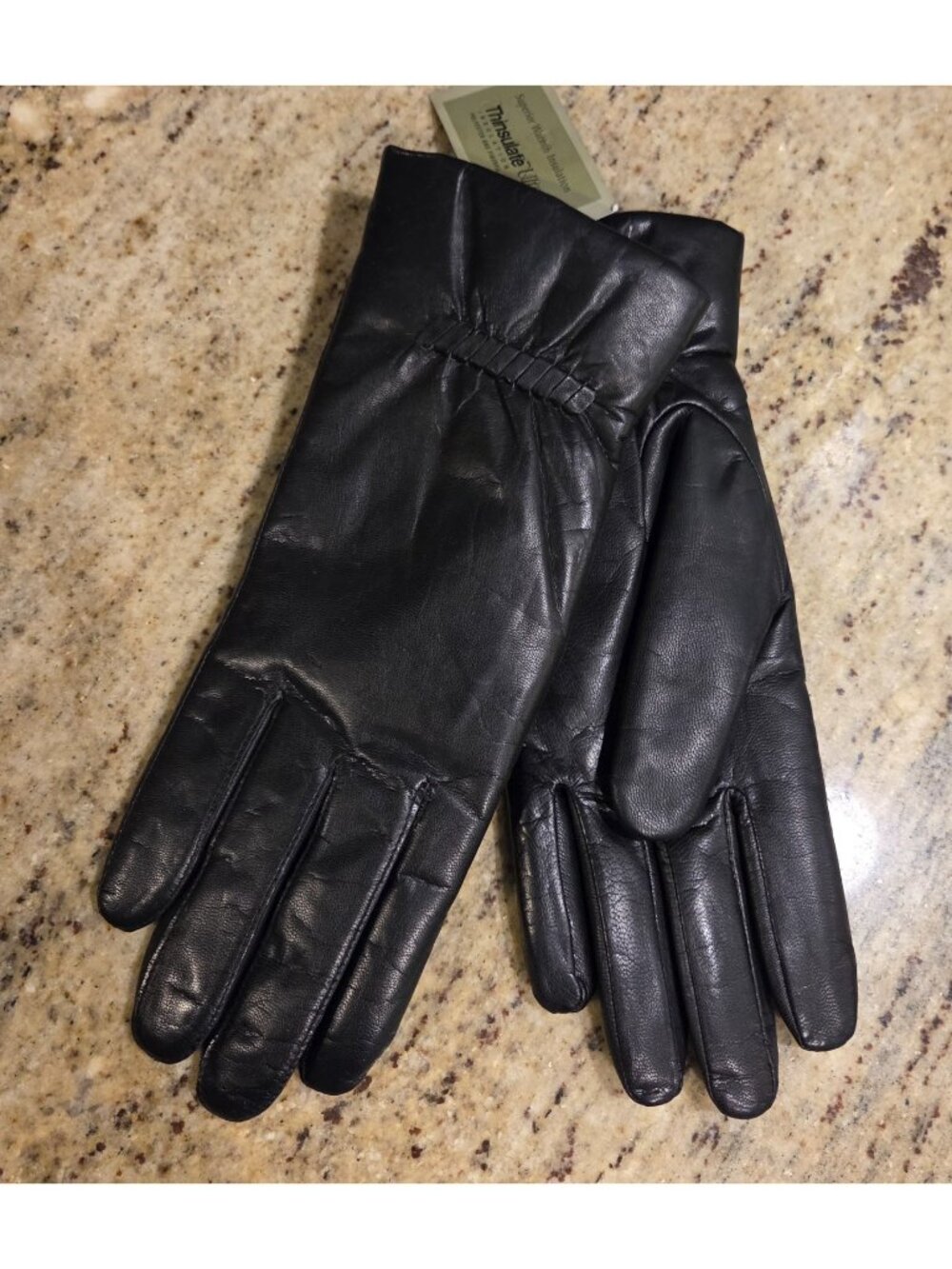 New! Fownes Womens Size L/ XL 8 Black Leather Lined Gloves Weave Detail